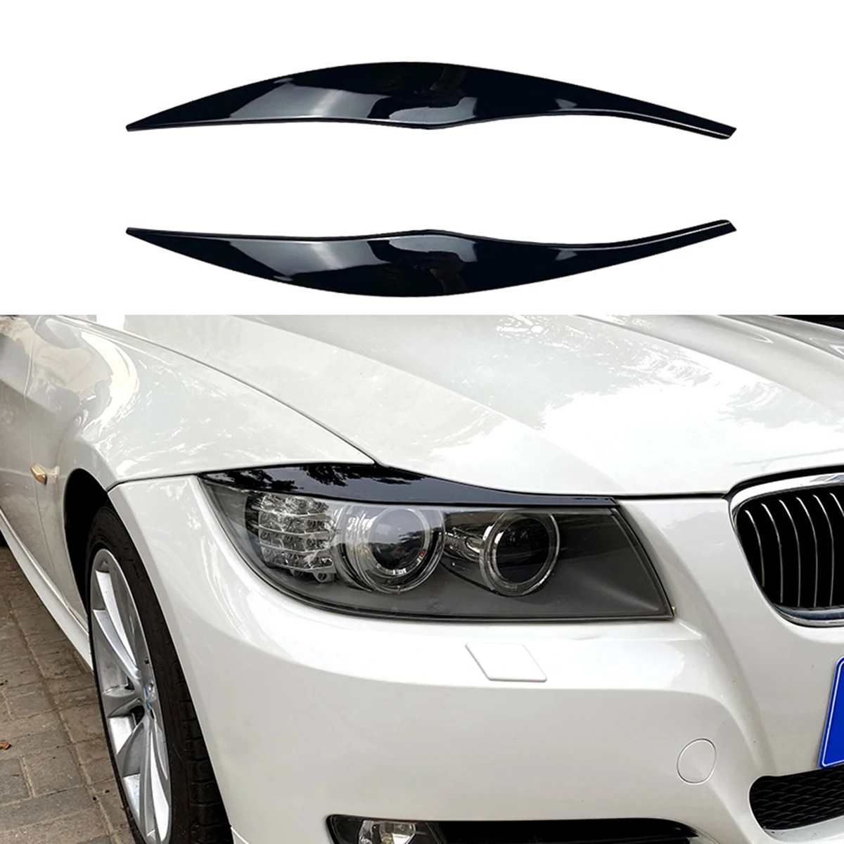 For BMW 3-Series E90 E91 320I 330I 2005-2012 Front Headlight Cover Garnish Strip Eyebrow Cover Trim Sticker Glossy Black