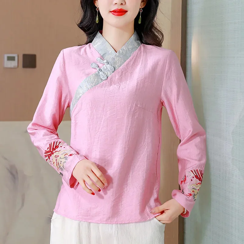 Spring Summer Chinoiserie Shirt 2024 New Coil Buckle Stand-Up Collar Women's Clothes Pullover Fashion Embroidery Blouse Female