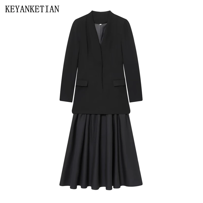 

KEYANKETIAN, новый весенний женский костюм, лоскутное платье миди, офисное женское модное платье с v-образным вырезом и пуговицами, тонкие длинные платья трапециевидной формы
