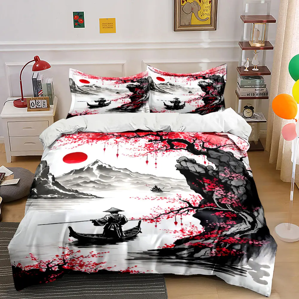 Elegant Red Plum, Ink Landscape Print Bedding Set 1 Duvet Cover 2 Pillowcases for Adult and Children Luxury Gift Full Size