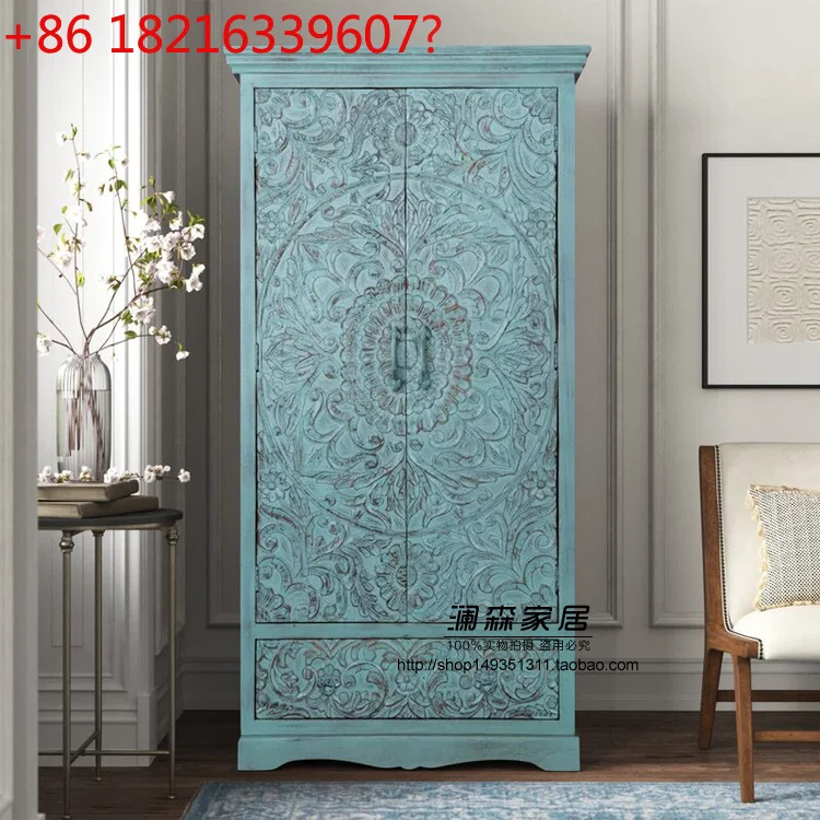 

American retro old solid wood carving flower French solid wood double door European bedroom locker