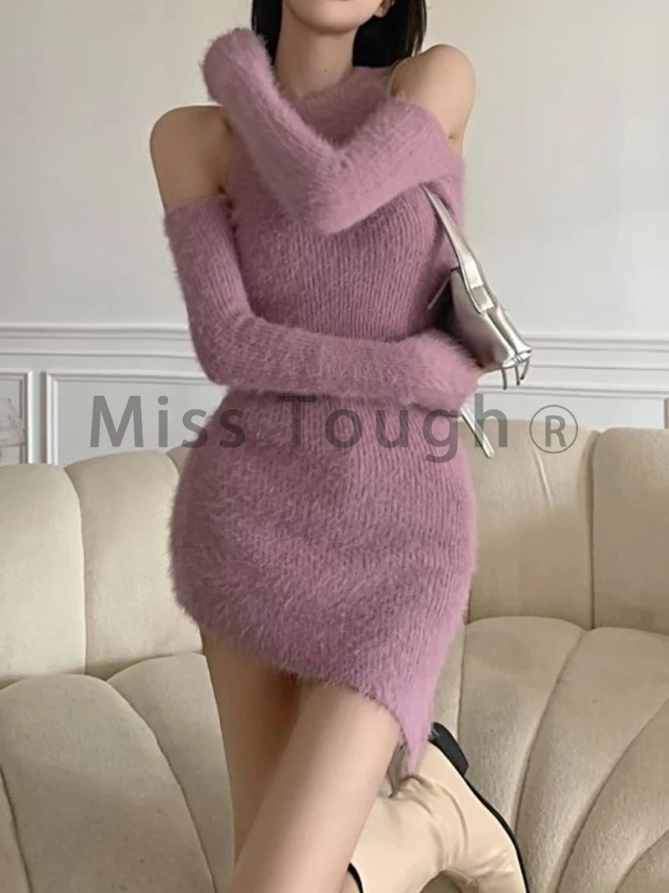 Winter Purple Vintage Knitted Dress Women Off Shoulder Elegant Mini Dress Female Korean Fashion Designer Y2k Party Dress 2023