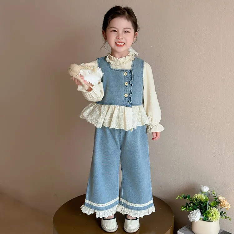 Ropa de niña, conjuntos de tres piezas de encaje a la moda para niños, estilo coreano, trajes largos de mezclilla para primavera y otoño, trajes para niñas