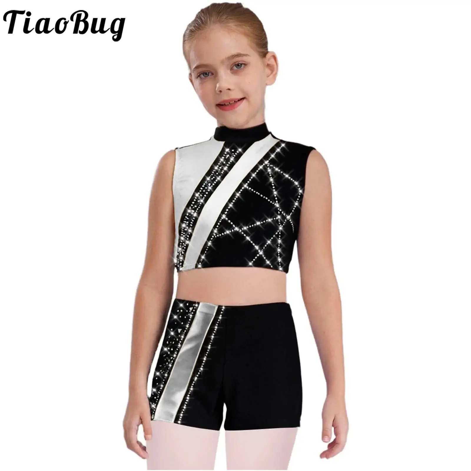 

Girls Gymnastics Ballet Dance Performance Costume Sleeveless Shiny Rhinestones Metallic Crop Top with Shorts Yoga Workout Outfit