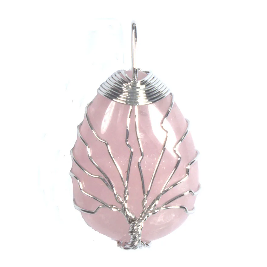 Wire Wrapped Tree of Life Water Drop Natural Purple Amethyst Rose Quartz Healing Crystal Agate Stone Pendant Jewelry For Women