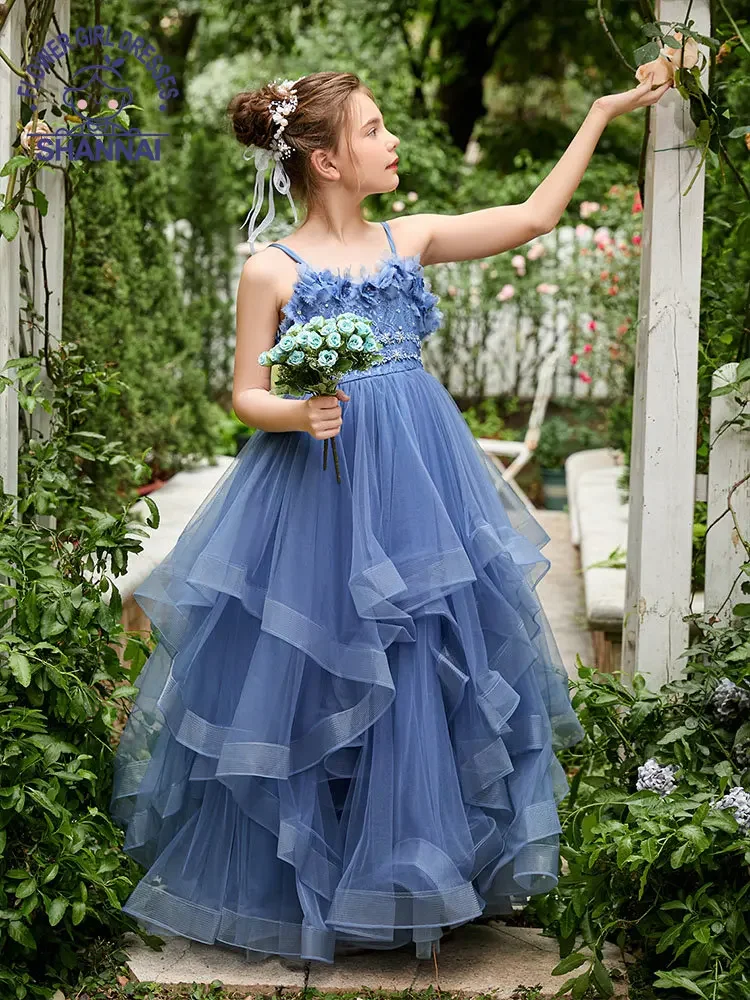 Blue Flower Girl Dress for Weddings Exquisite A-LINE Sleeveless Sweetheart Floor-Length Princess Dress for Girls 1-13