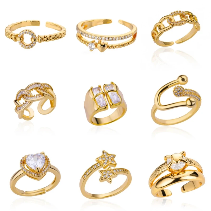 2025 جديد عصري مطلية بالذهب الفولاذ المقاوم للصدأ الزركون كريستال خواتم لسلسلة نسائية الهندسة الزركون خاتم الاصبع هدية