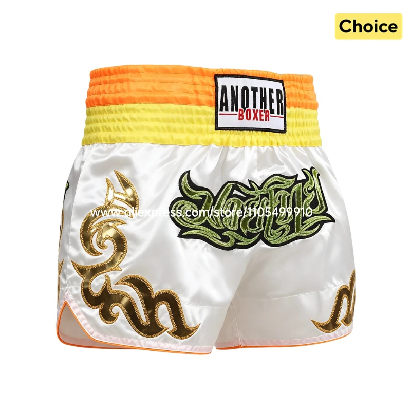 Herren Satin Muay Thai Shorts Schnelltrocknend Bestickte Kickboxen MMA Kampfshorts Damen Kinder Elastischer Bund Seitenschlitz Boxhosen