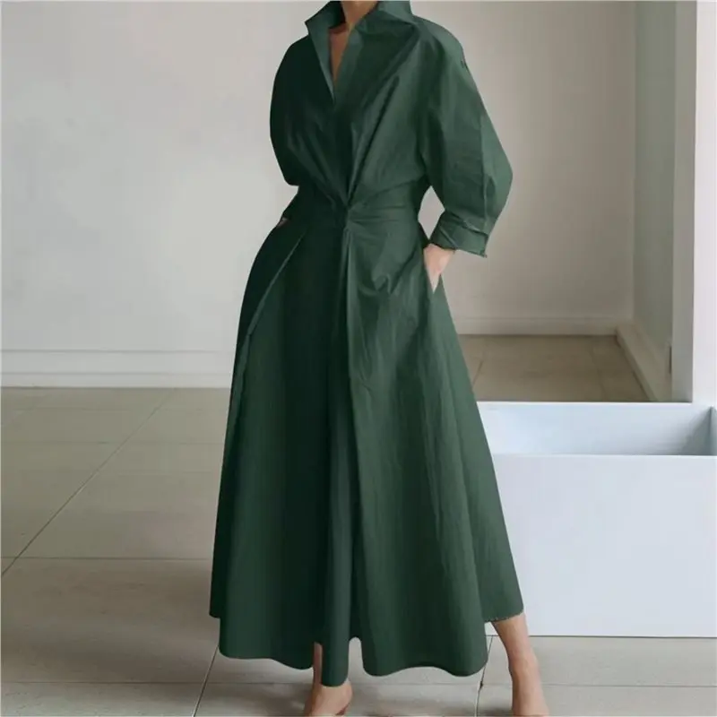 CYL-robe t-shirt Maxi boutonnée en coton pour femmes, col à revers, manches longues