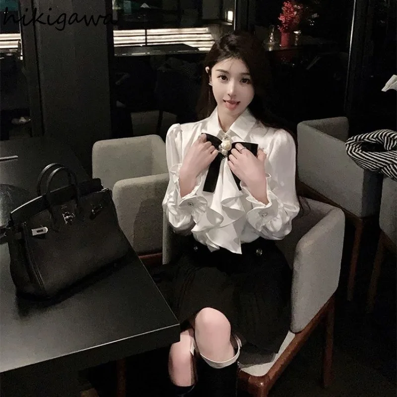 White Blouse for Women Long Sleeve Bow Shirts 2024 Blusas Mujer De Moda Temperament Ladies Tops Ruffles Fashion Korean Blouses