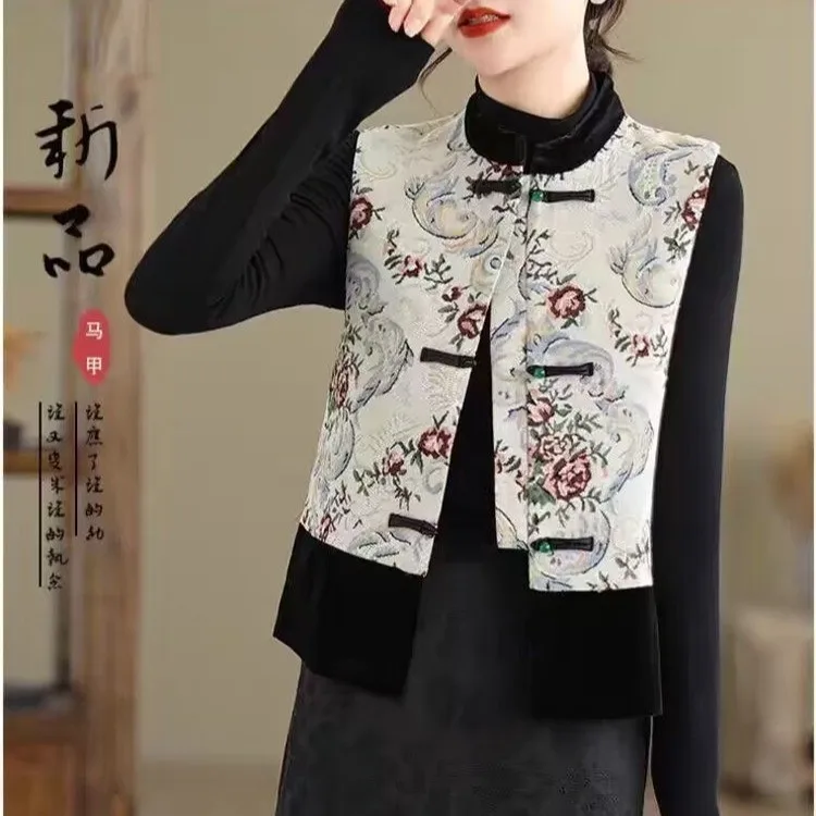 

Elegant Women Vest Vintage Chinese Style Tang Clothes Jacquard Qipao Improved Tang Vests Clothing Autumn Spring Costume