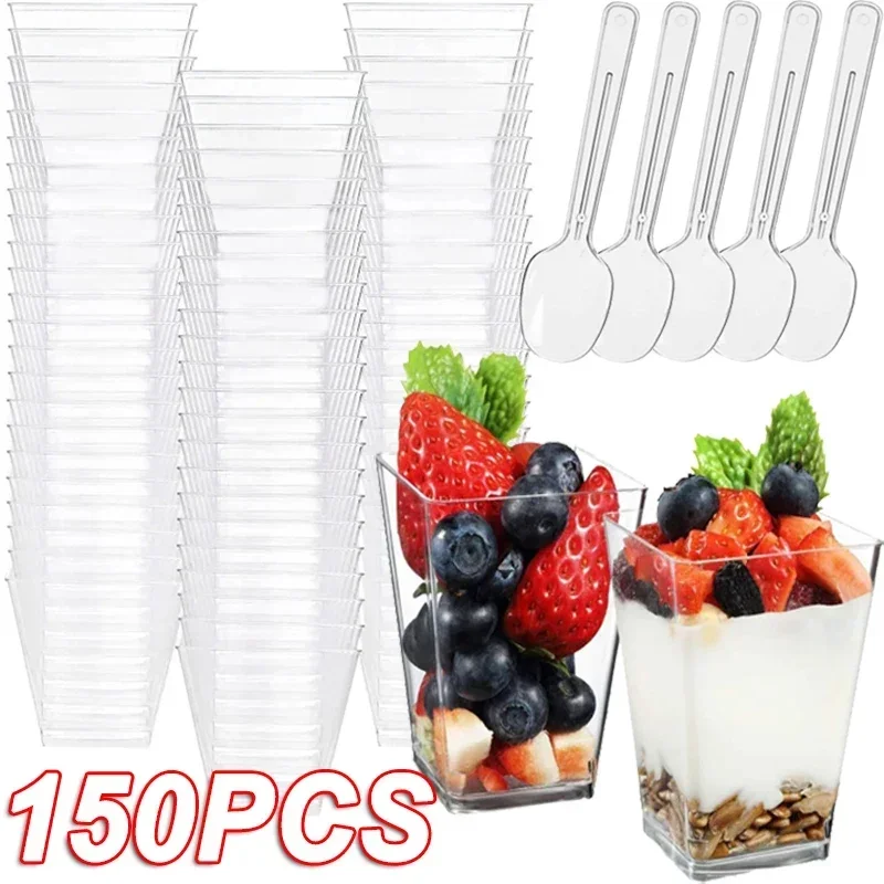 1-100PCS 40/20oz Mini Square Clear Plastic Dessert Cups Party with Small Plastic Dessert Cups Great for Desserts,pudding,mousse