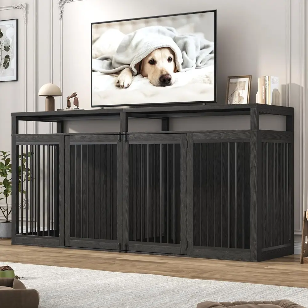 

Stylish Wooden Dog Crate TV Stand with 2 Doors, Suitable for Large Dogs, Metal Frame, Lockable, Black