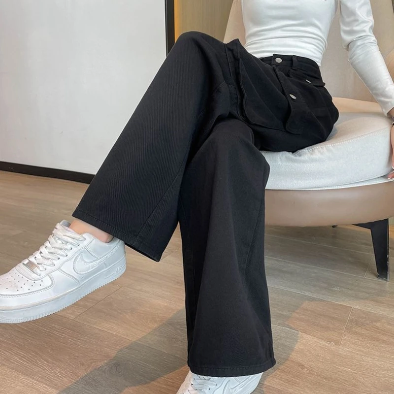 Trendy 2026 Women's Baggy Cargo Jeans High Waist Comfortable Stretch Denim Pants with Pocket Details