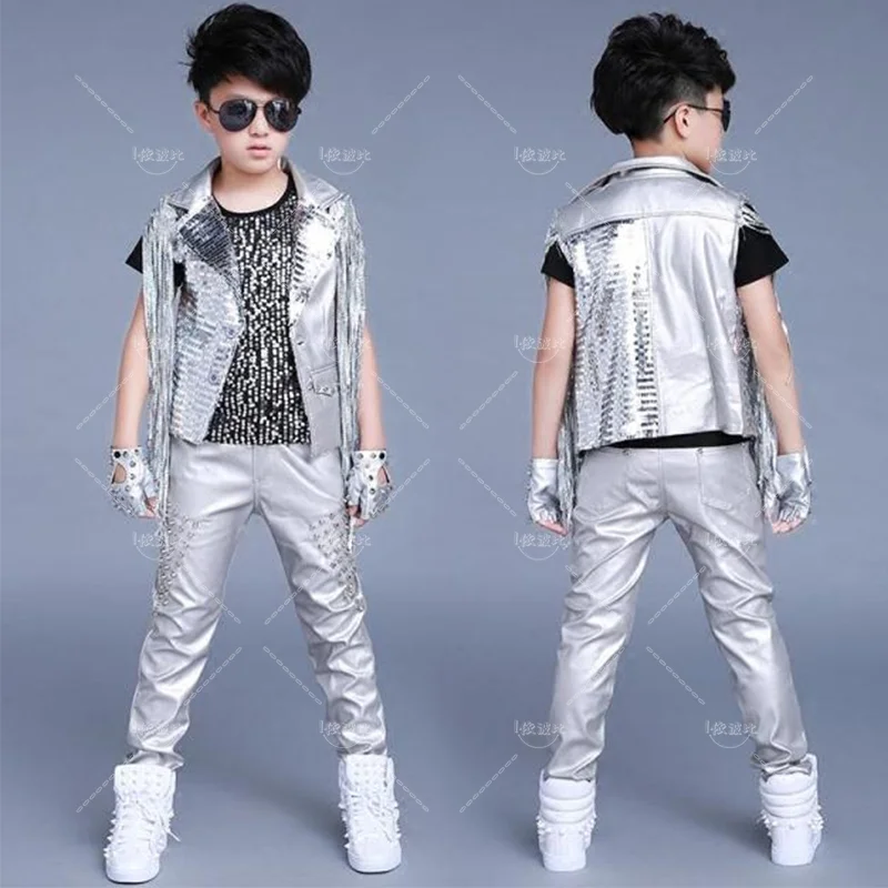 Jazz Clothing Children's Silver Sequin Tassel Jacket Boy Rock Drum Performance Hip-hop Stage Clothing Street Dancers Children