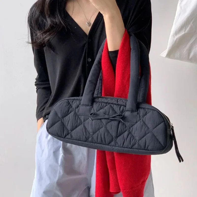 New Casual Lingge Quilted Women Shoulder Bag Padded Bow Lady Handbags Nylon Down Cotton Pillow Shaped Puffer Bag