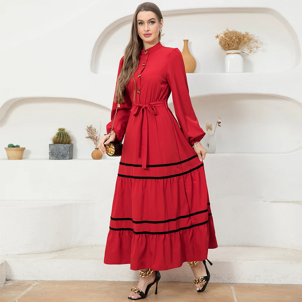 Sweet High collar Color contrast Solid color Buttons Ribbon Shirt sleeve Long Dresses