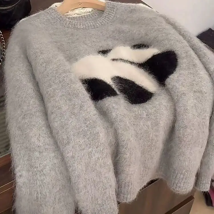 

O-neck Casual Sueter Mujer Soft Thicked 2025 Fashion Knitted Sweater Knitwear Jumper Cute Panda Pattern Pullovers Women Clothes