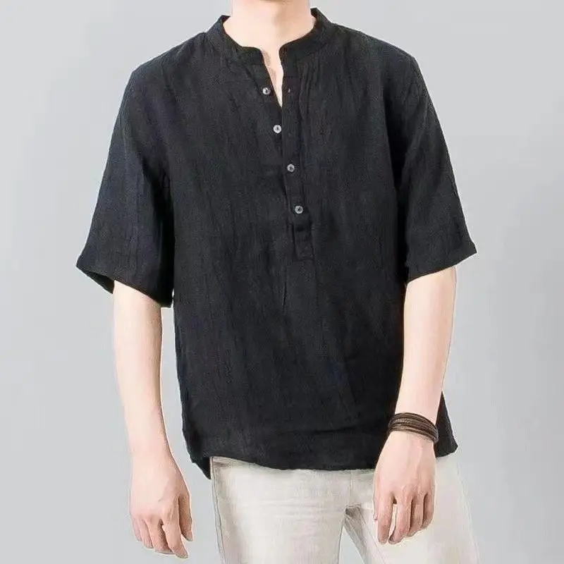 Summer Linen Shirt Distressed Pleated Half Sleeved Shirt for Men\'s Loose Pullover Breathable Cotton Linen Casual Shirt