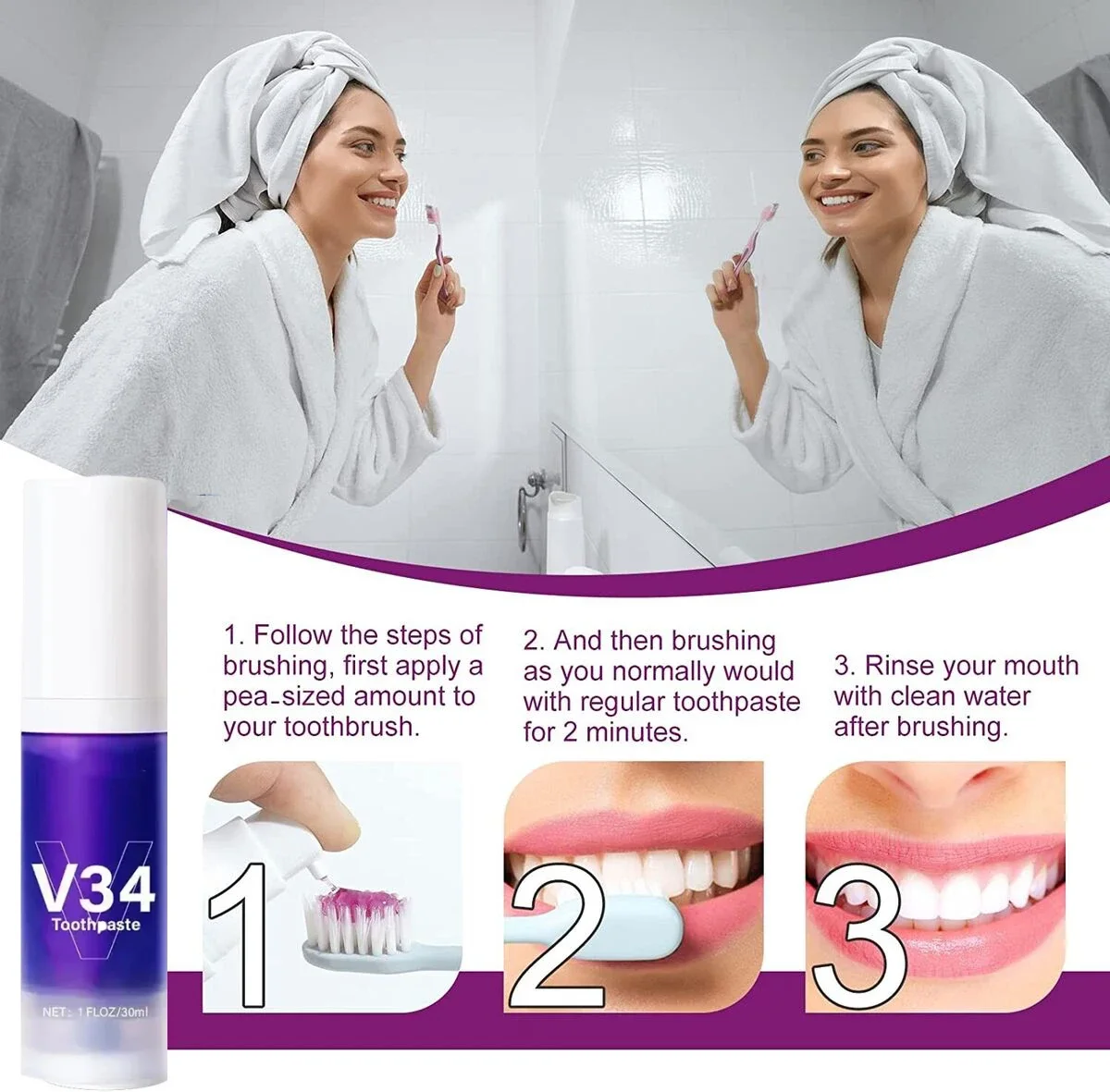 V34 Purple Brighten Whitening Yellow Teeth Toothpaste Foam Cleaning Effective Removing Tooth Stain Oral Cleaning Product