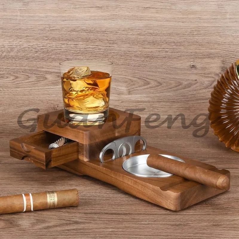Solid Ashtray With Cigar Drawer  Cup Holder Tray Cigar Box Premium Cigar Enthusiast Accessories Manufacturer Wholesale