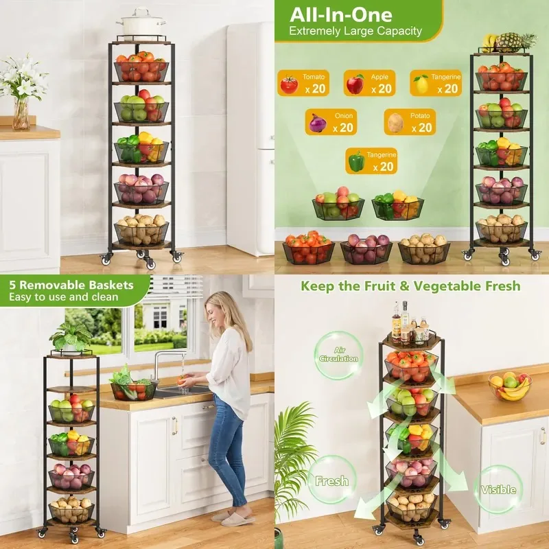 5 Layer Rotating Corner Storage Rack with Wheels Kitchen Vegetable Fruit Basket Organizer