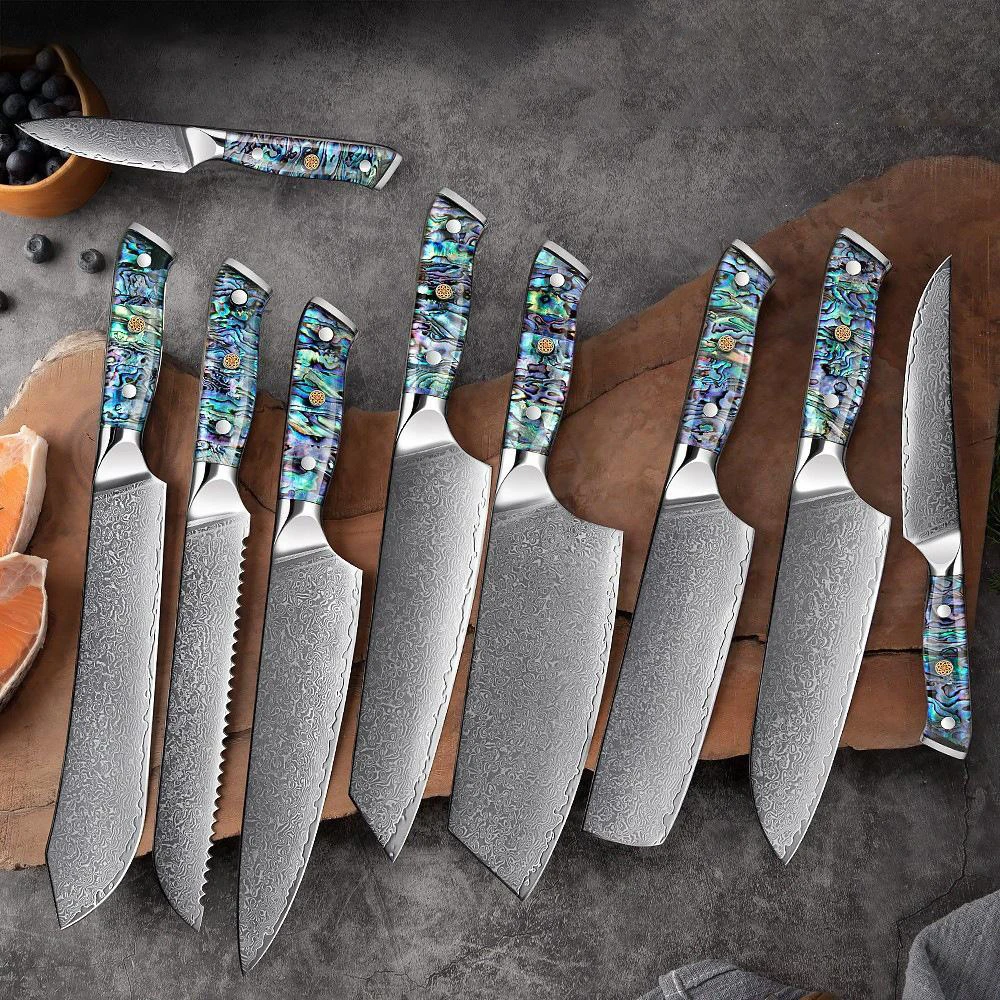 TJ POP Damascus Steel 9 Pcs Kitchen Knives Set Abalone Shell Handle Sharp Paring Santoku Cleaver Nakiri Kiritsuke Chef Knifes