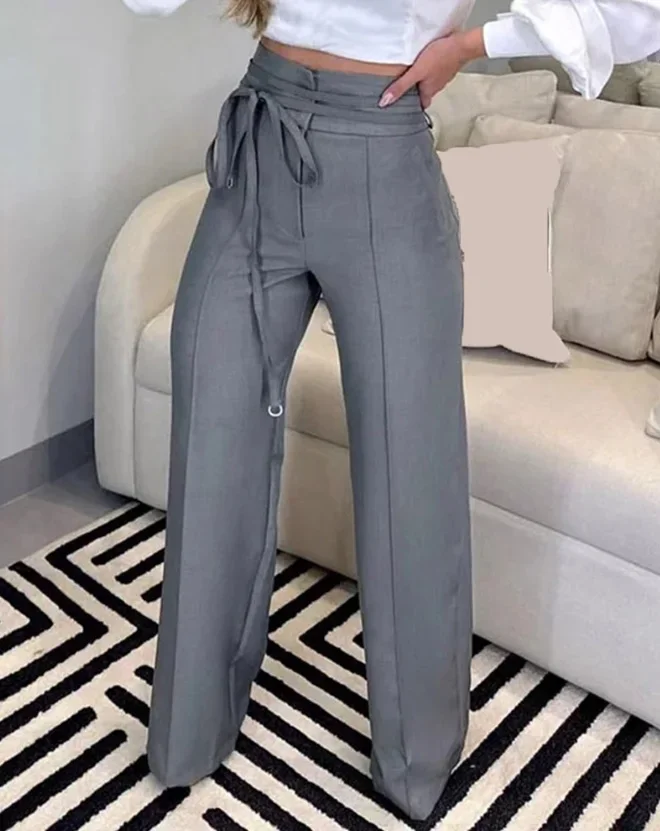 

Women's Pants 2023 Spring Fashion Tied Detail Straight Leg Elegant Plain High Waist Long Work Pants Office Lady