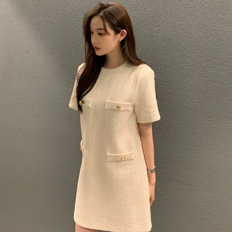 Chic Summer Simple round Ne ket Decorated Plaid Tweed ort Sve Dr ort Skirt Women Korean Sle Loose Waist