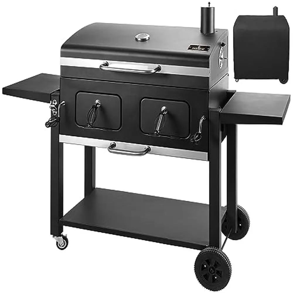 Large Charcoal Grill BBQ Smoker with Adjustable Cooking Area 4 Wheels and Waterproof Cover Rust Resistant Outdoor Grill Family