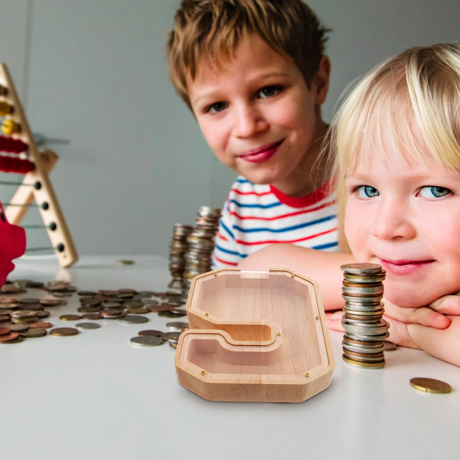 1pc 子供用透明木製貯金箱子供用コイン収納デスクトップ装飾壊れない木製貯金箱家の装飾
