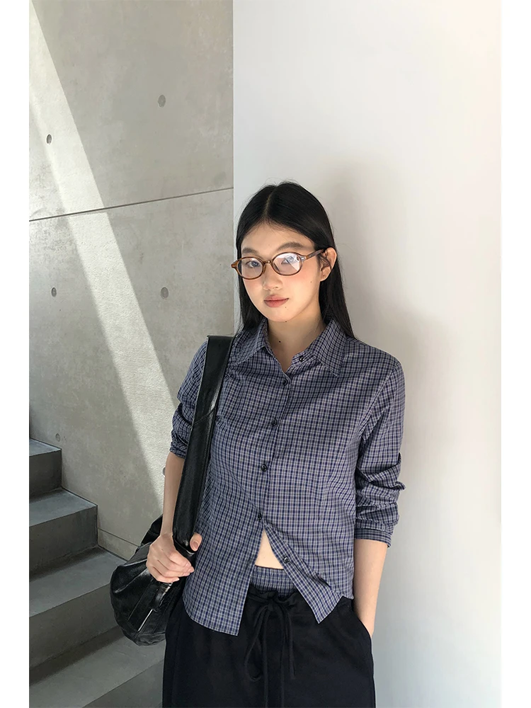 قميص نسائي بأكمام طويلة بنقشة مربعات زرقاء، تصميم جديد للخريف، أسلوب بسيط للعمل، قطن 00٪، قميص داخلي، قمة أنيقة وفريدة #4