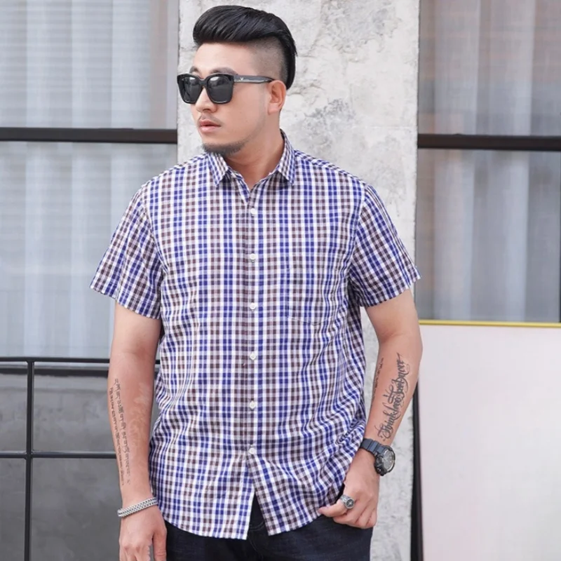 Summer Men's Short Sleeve Shirt Plus Size Loose Business Casual Color Woven Checkered Shirt