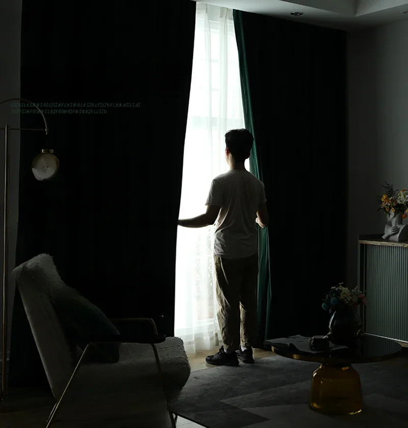 Retro luxury green velvet Curtains for Living dining room bedroom dark green high-end blackout wool