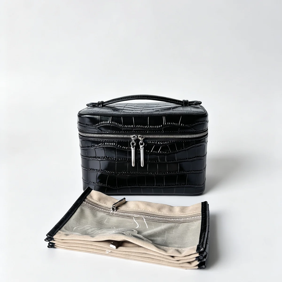 Echtes Leder Krokodil-Prägung Schwarzes Kosmetiktaschen-Set für Damen Toilettenartikel-Organizer Große Kapazität Reise-Make-up-Tasche – Detail 29