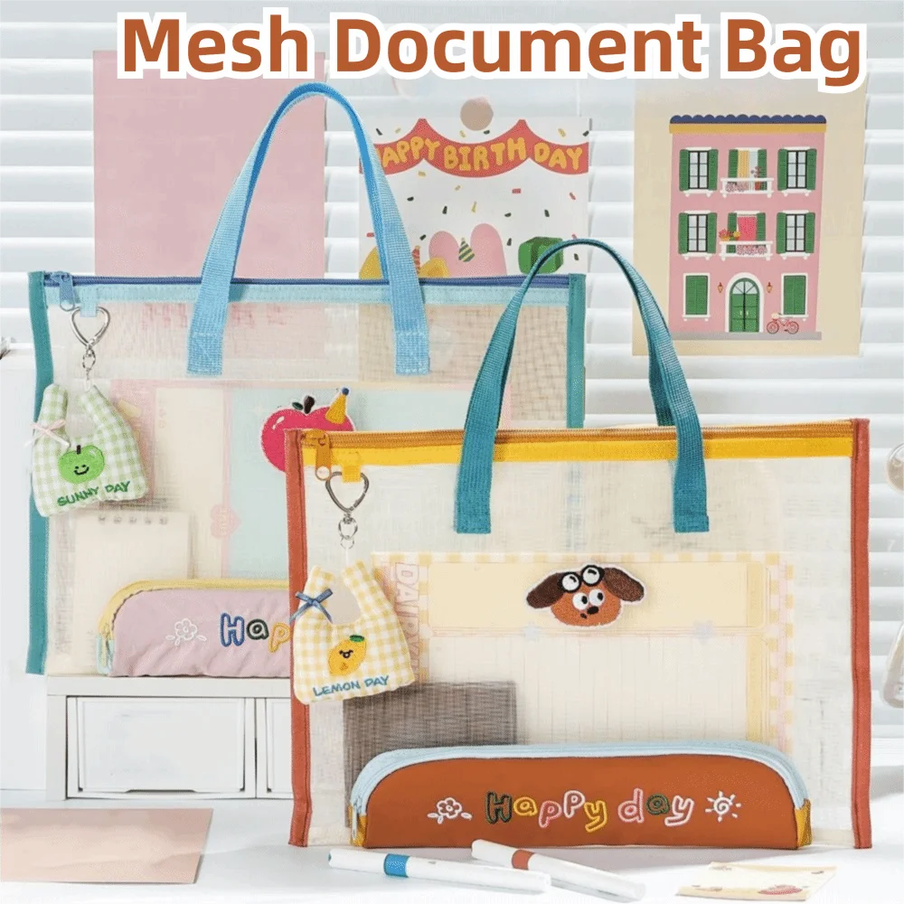 2-in-1 Mesh Document Storage Bag Clear Visible Large Capacity Mesh File Bag Lightweight with Handle File Storage Bag