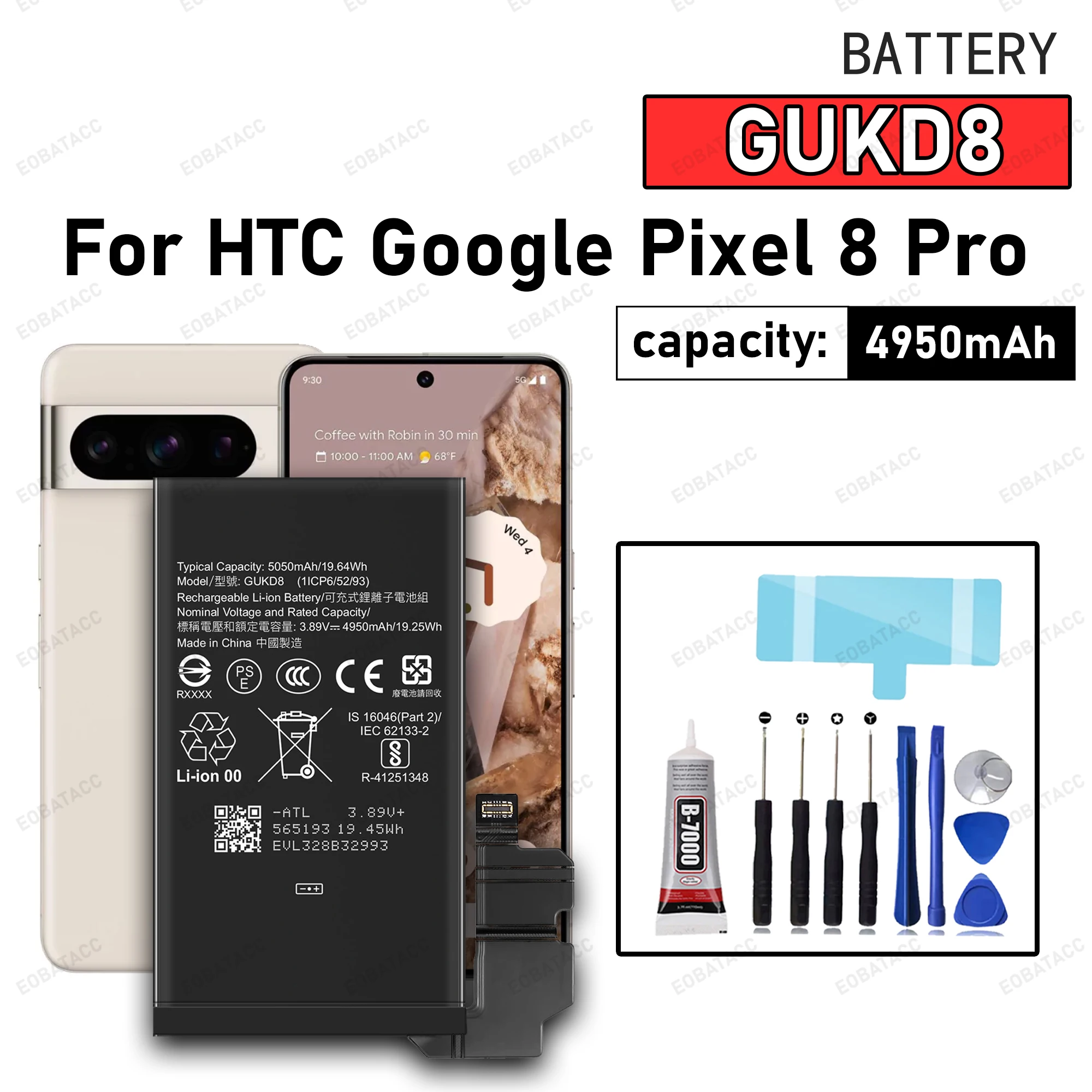 

100% New High Quanlity GUKD8 4950mAh For HTC Pixel8 Pro Mobile Phone Replacement Battery For Google Pixel 8 Pro Batteries+Free T
