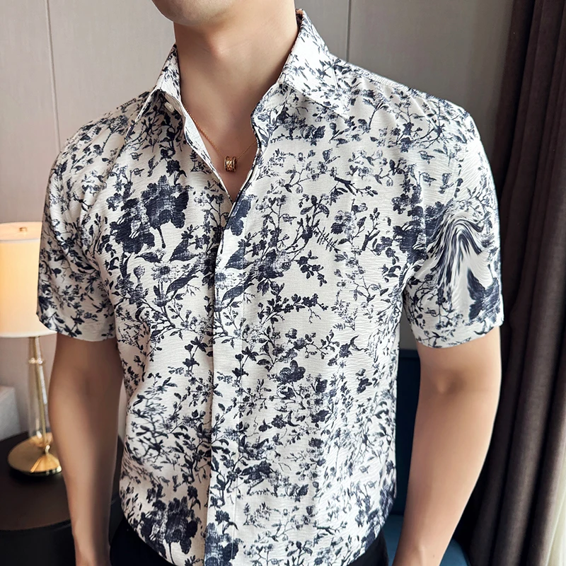 

Мужская рубашка с принтом, модель 2024 года, летняя Тонкая Повседневная Эластичная Облегающая рубашка в стиле ретро, с коротким рукавом, модная мужская одежда высокого качества