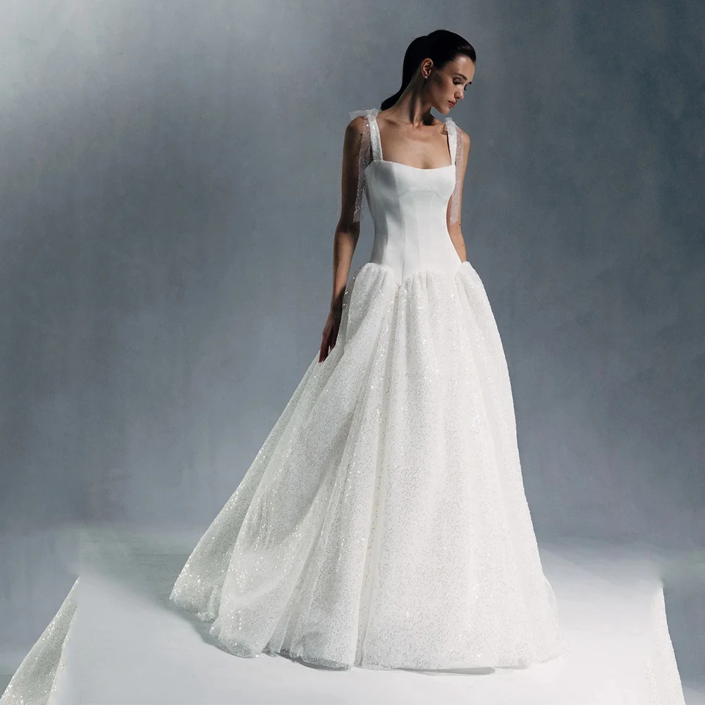 

Gliter Square Collar Ivory Tulle Wedding Dress For Bride A Line Wedding Gowns Sleeveless With Bow Bridal Dress With Train