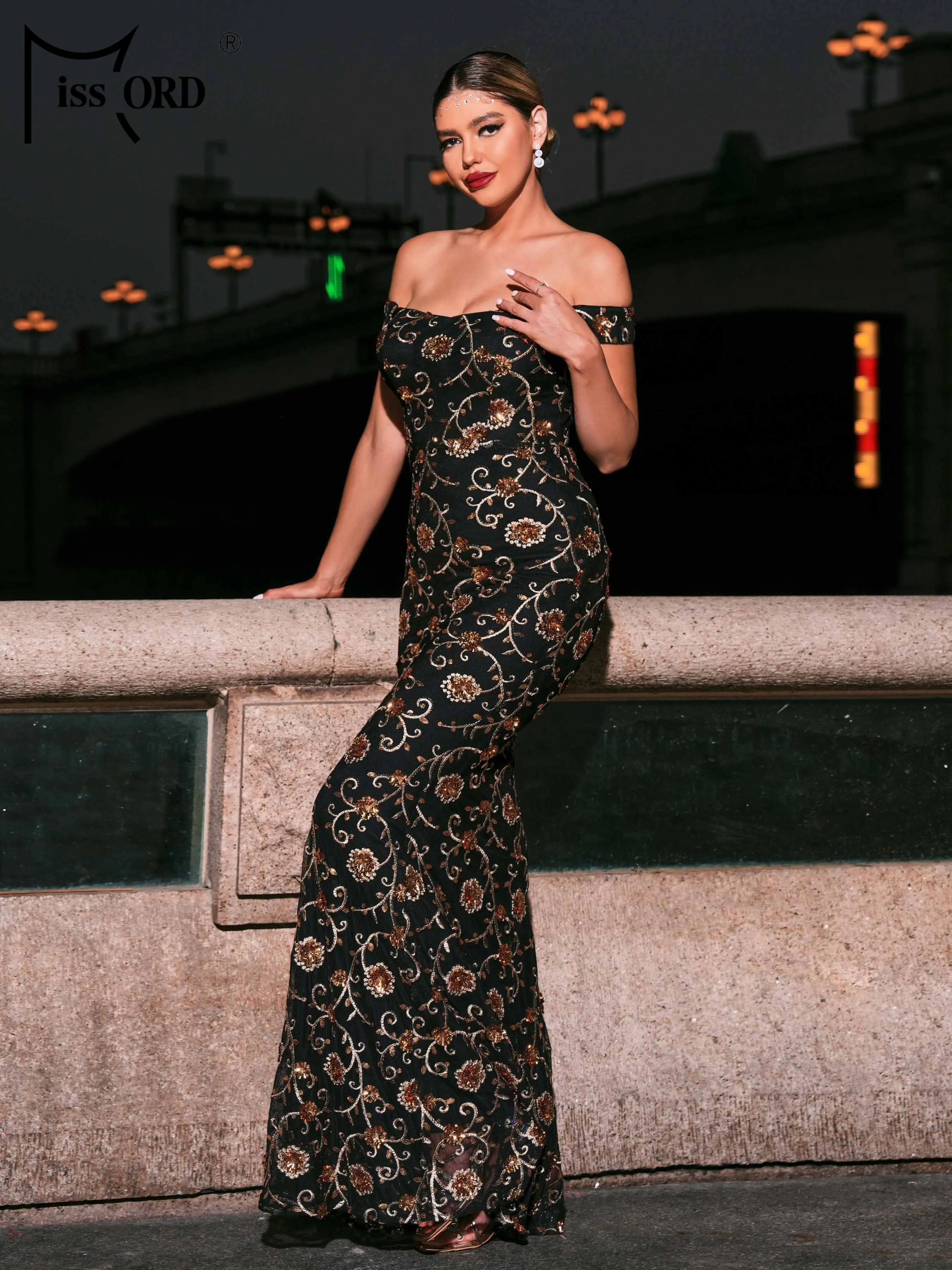 Missord 2024 Black Formal Occasion Dresses Floral Off Shoulder Sequin Mermaid Evening Prom Party Dress