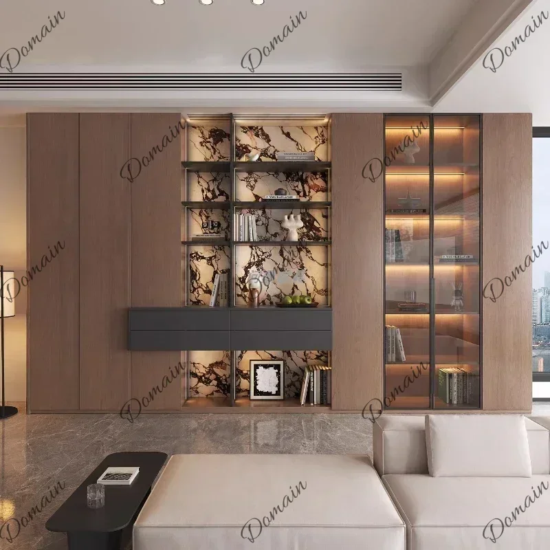 46XX Solid Wood Arc Bookcase Office Home Wall Integrated Display Cabinet Sofa Background Wall Locker Modern Minimalist Light Lux