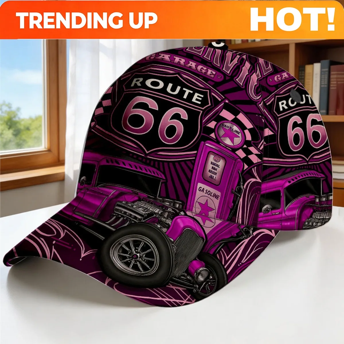 Customization 1 Gorro Tipo Pico De Pato Con Estampado Completo Y Diseño De Hot Rod Route Sixty Six. Cuenta Con Una Cierre Ajusta
