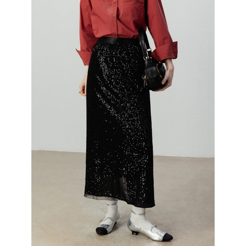 Eggka Black Highwaisted Sequins A-Line Skirts Female 2024 Autumn Fashion Loose Commuter Long Skirt Women Party Elegant Clothing