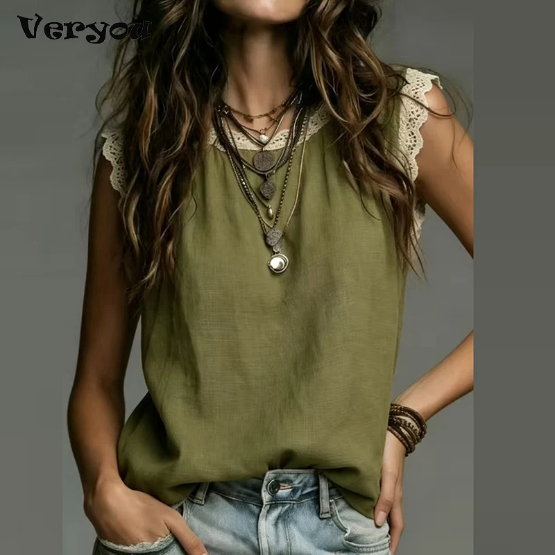 Summer Vest Women Tank Tops O Neck Lace Patchwork Loose Sleeveless Women T-Shirts Casual Tee Pullovers
