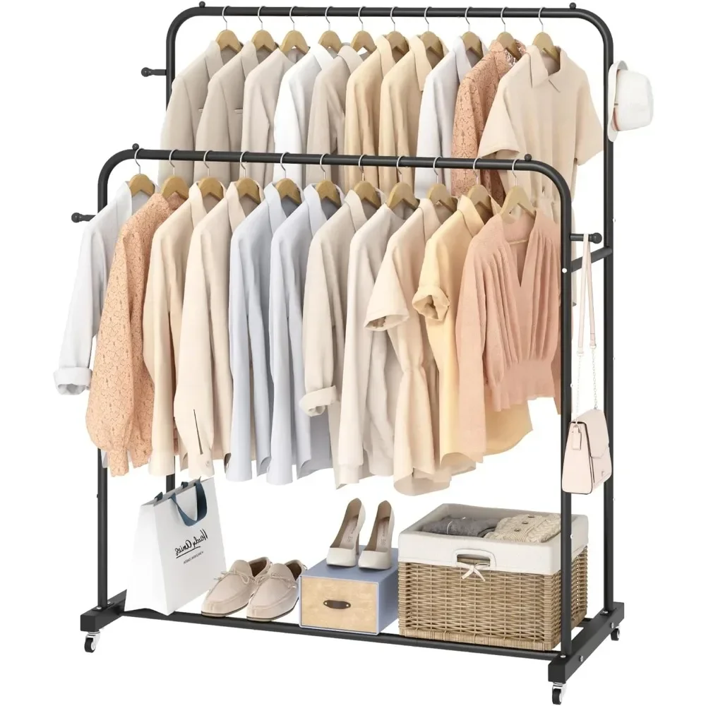 Double Rods Garment Rack with Wheels, Clothing Rack for Hanging Clothes,4 Hooks, Multi-functional Bedroom Clothes Rack, Black