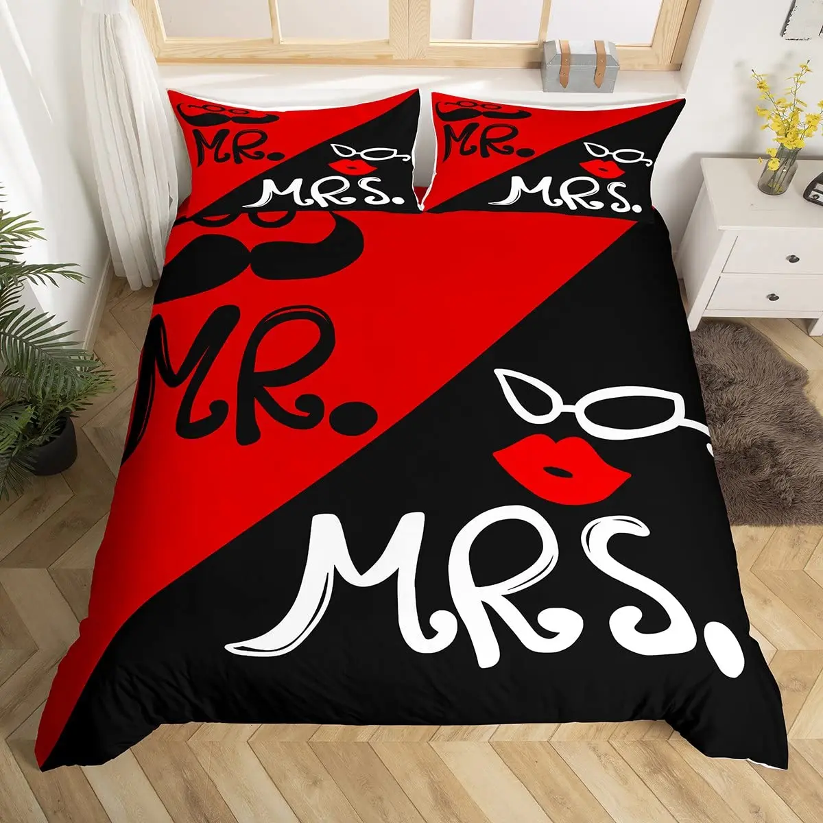 Imagem -03 - Mrs Duvet Cover Conjunto Engraçado Preto Vermelho Criativo Twin Bedding Conjunto Microfibra Amor Homem Bigode Mulher Lip Romance Cobertor Capa mr