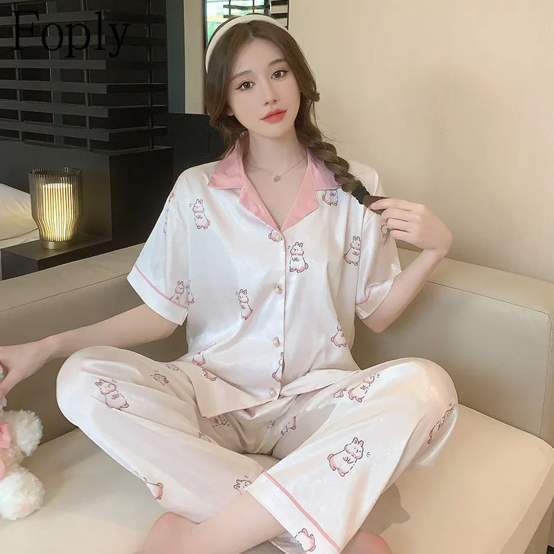 

Ins Style Cute Rabbit Woman Pajamas Set Spring Summer Two-Piece Woman Pyjama Satin Silk Long-sleeved Pants Pijama Pjs Loungewear