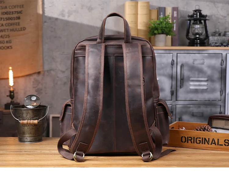 PNDME Vintage handgefertigter Crazy-Horse-Rucksack aus Rindsleder für Männer und Frauen, Outdoor-Reise-Schulrucksack aus echtem Leder mit großem Fassungsvermögen. – Detail 25