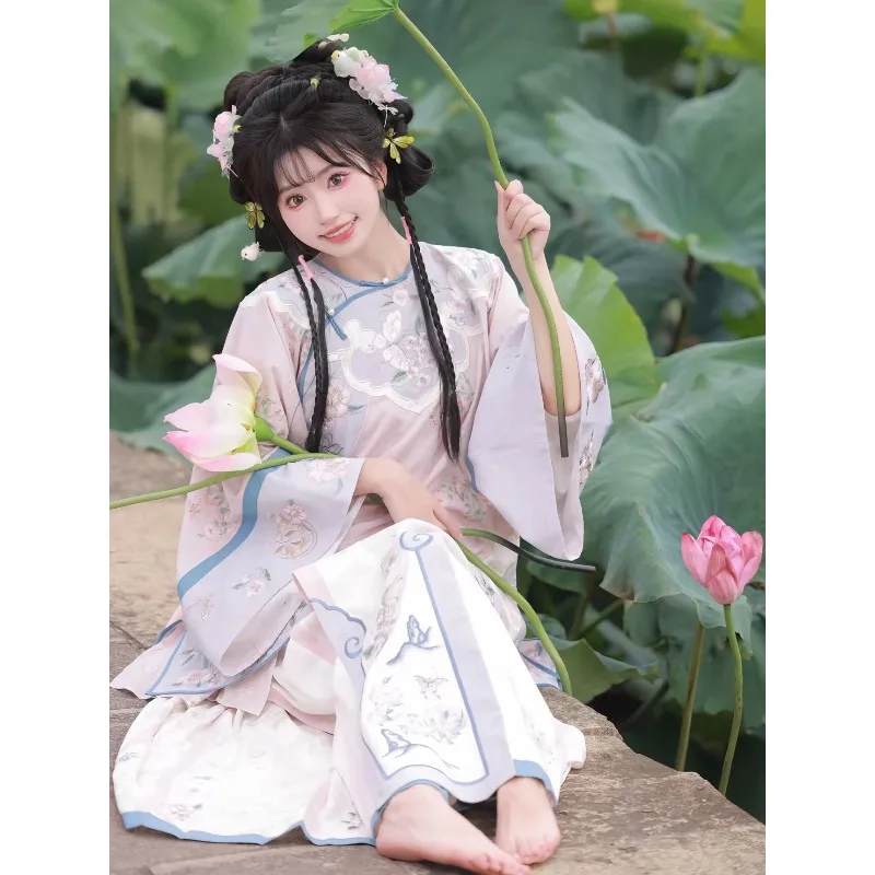 

Hanfu women's restored Mamian heavy work, stand-collar skirt, inverted wide-sleeve qipao, complete set of Qinghan style