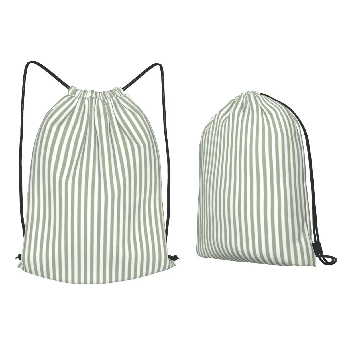 Sage Green And White Classic Narrow Stripe Pattern Vertical Backpacks Casual Drawstring Bags Sports Bag Book Bags for Man Woman